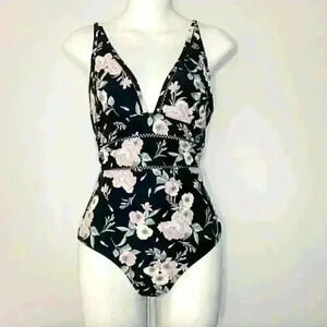 Sea Level Black Floral Flower Vintage Style Spliced one piece swimsuit MEDIUM